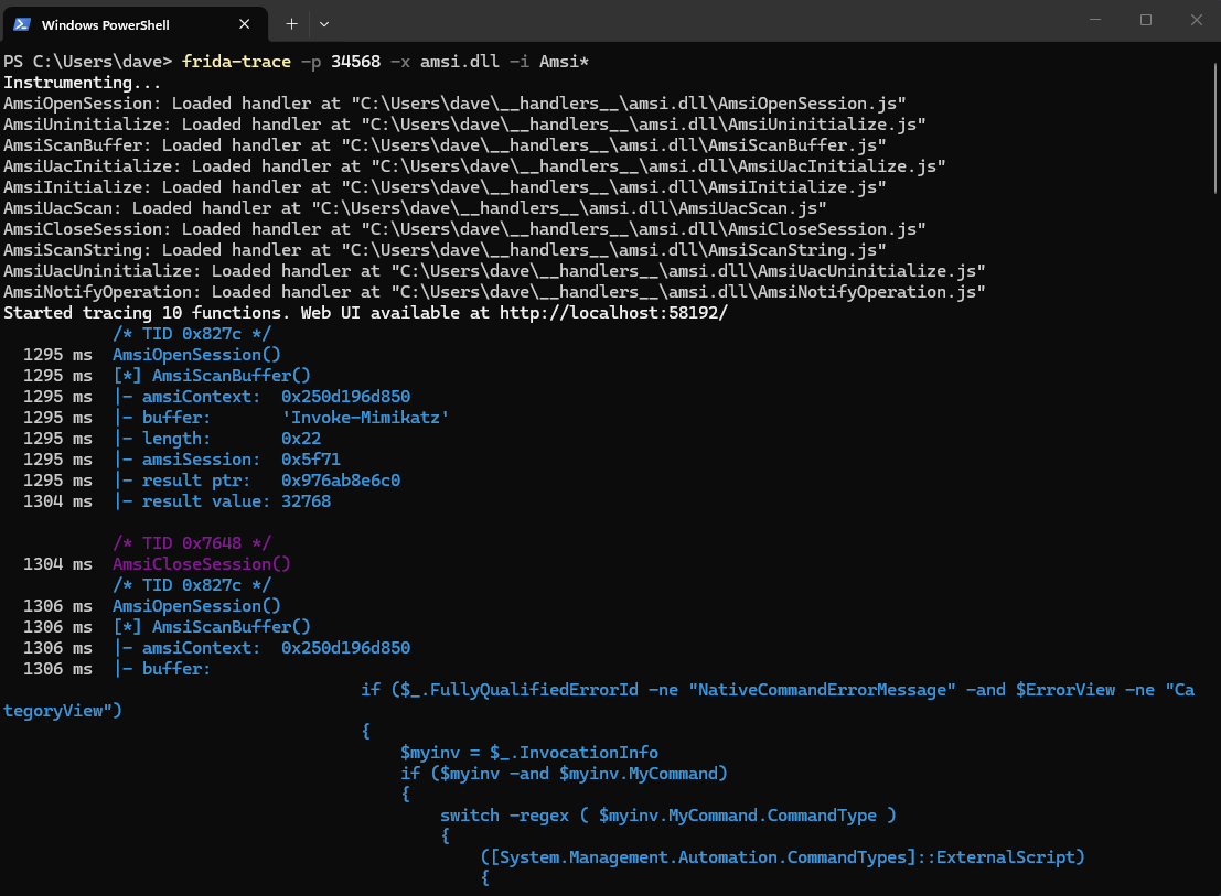 Frida output showing result value 32768 for Invoke-Mimikatz detection