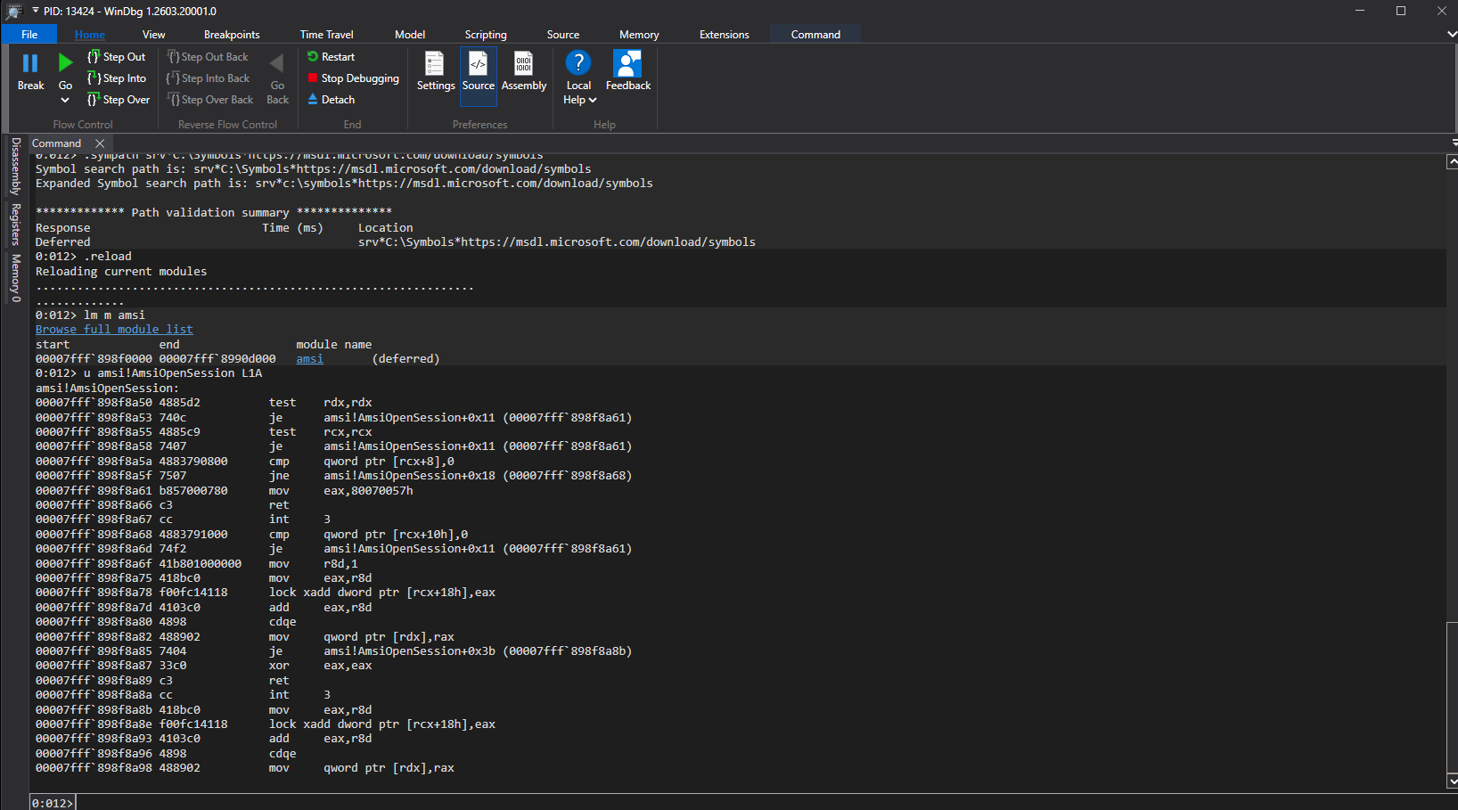 WinDbg disassembly of AmsiOpenSession showing null checks and error return path