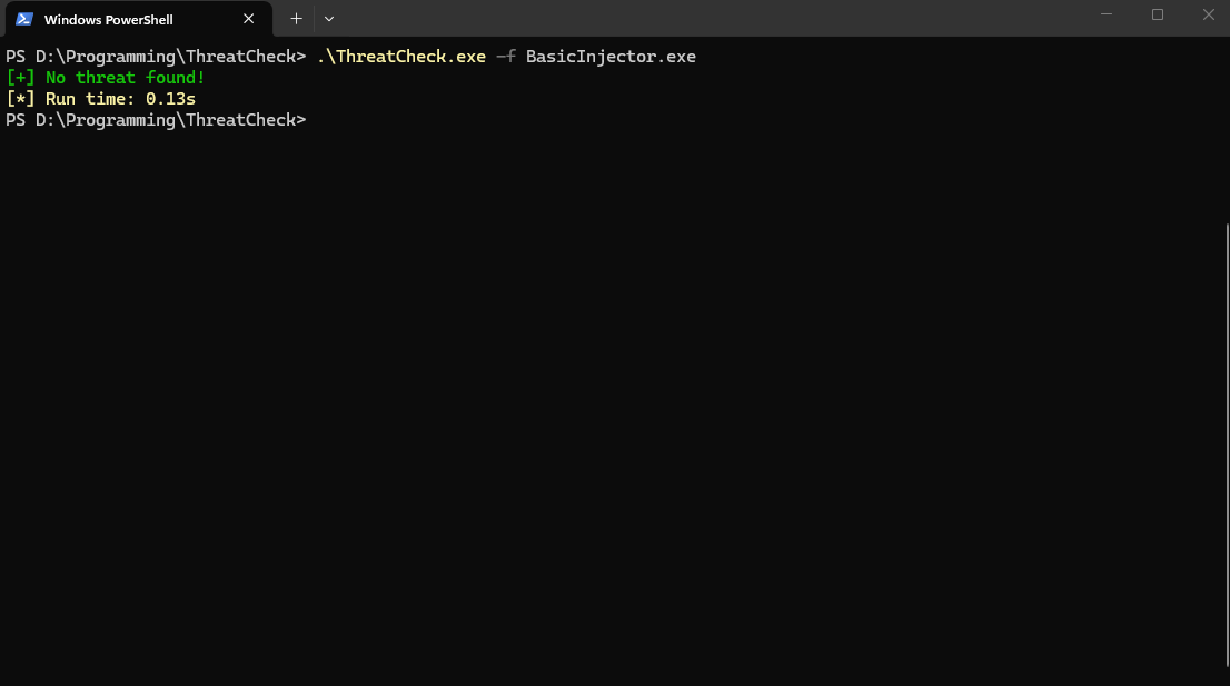 ThreatCheck showing no threat found on BasicInjector with zeroed payload