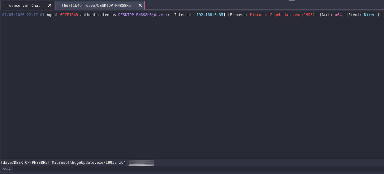 Havoc C2 console showing new agent session as MicrosoftEdgeUpdate.exe